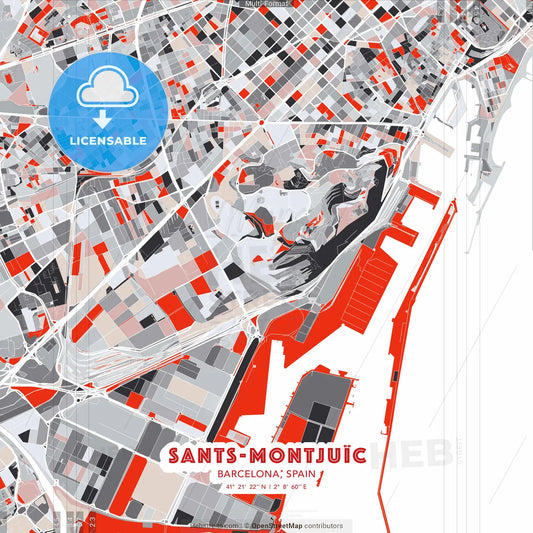 Sants-Montjuïc, Barcelona, Spain - modern street map poster template with gray and red tones