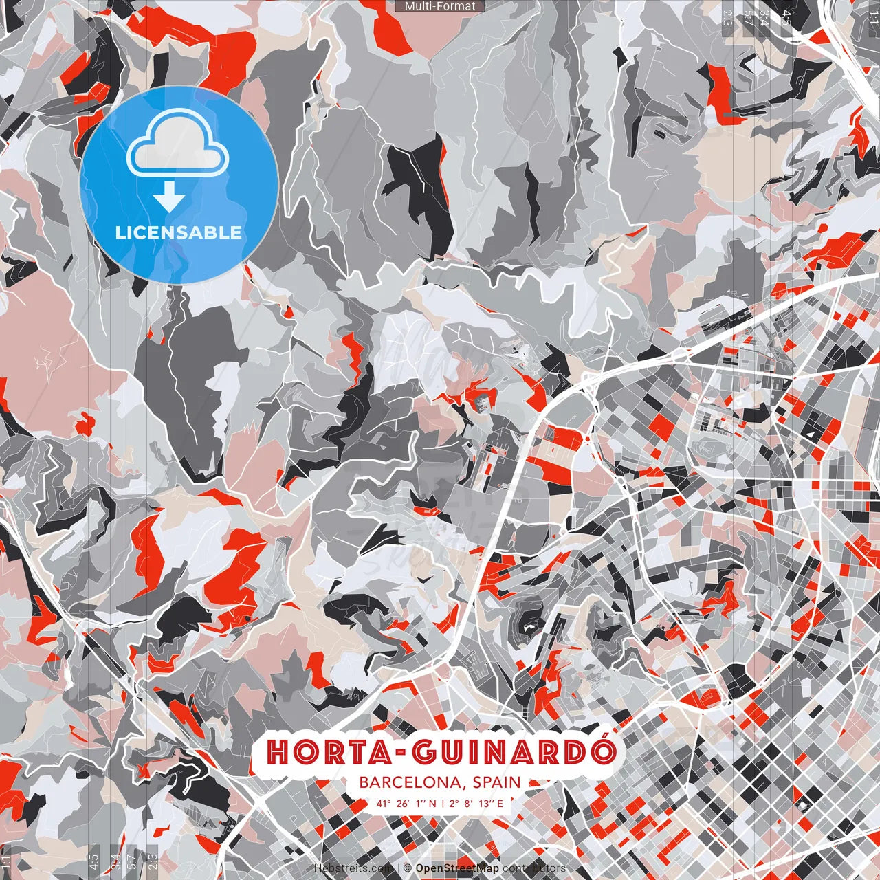 Horta-Guinardó, Barcelona, Spain - modern street map poster template with gray and red tones