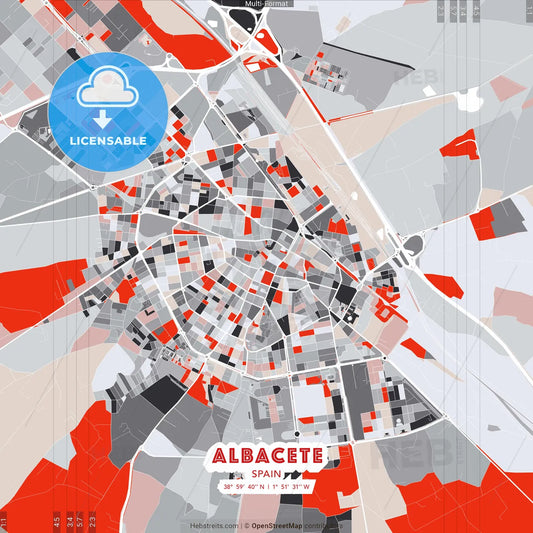 Albacete, Spain - modern street map poster template with gray and red tones