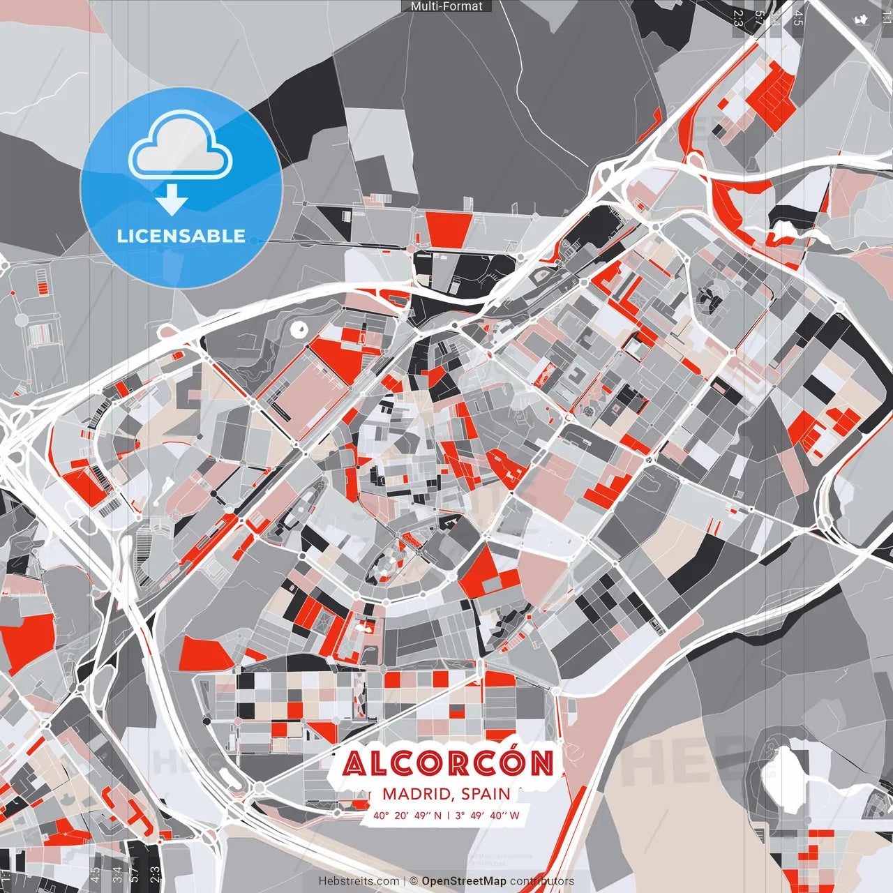Alcorcón, Madrid, Spain - modern street map poster template with gray and red tones