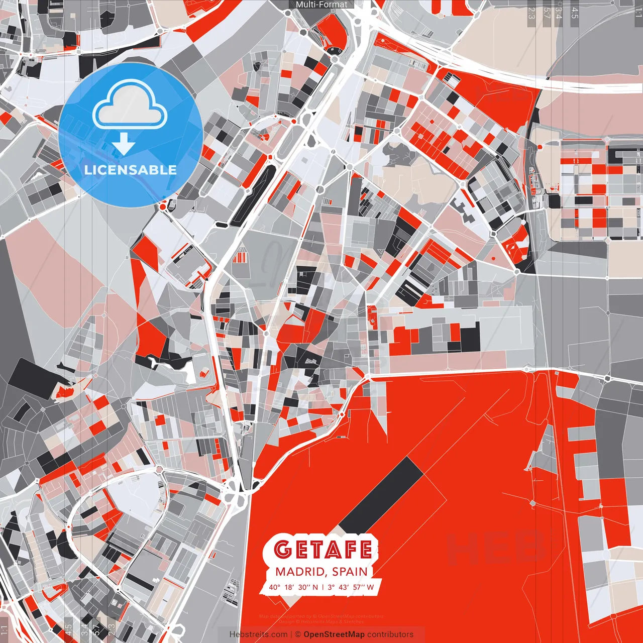 Getafe, Madrid, Spain - modern street map poster template with gray and red tones