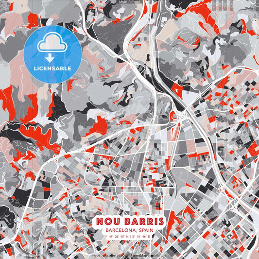 Nou Barris, Barcelona, Spain - modern street map poster template with gray and red tones