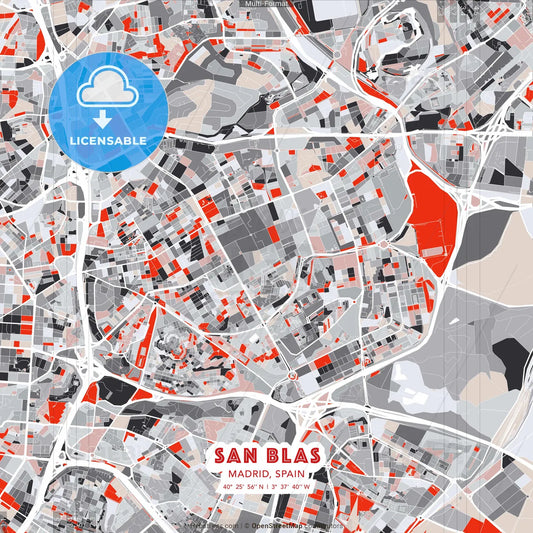 San Blas, Madrid, Spain - modern street map poster template with gray and red tones