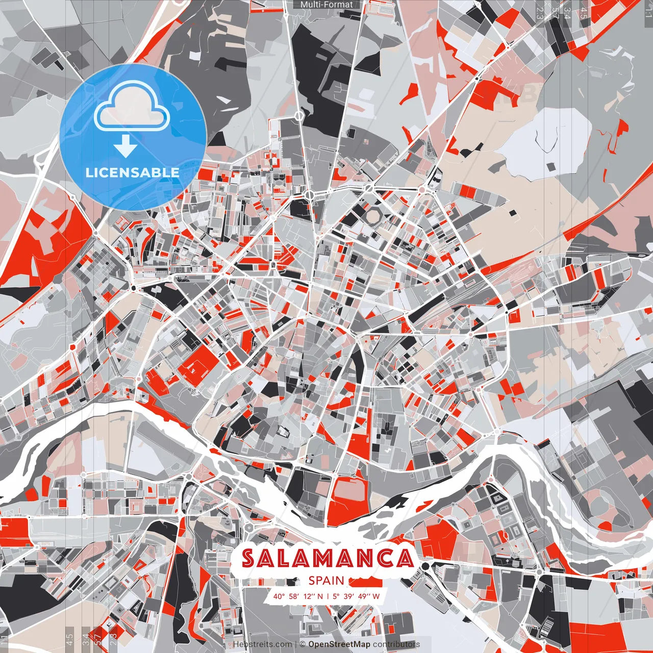 Salamanca, Spain - modern street map poster template with gray and red tones