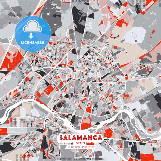 Salamanca, Spain - modern street map poster template with gray and red tones