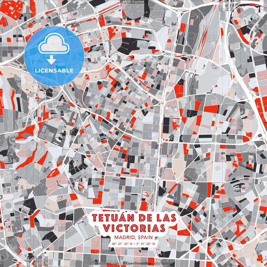 Tetuán de las Victorias, Madrid, Spain - modern street map poster template with gray and red tones