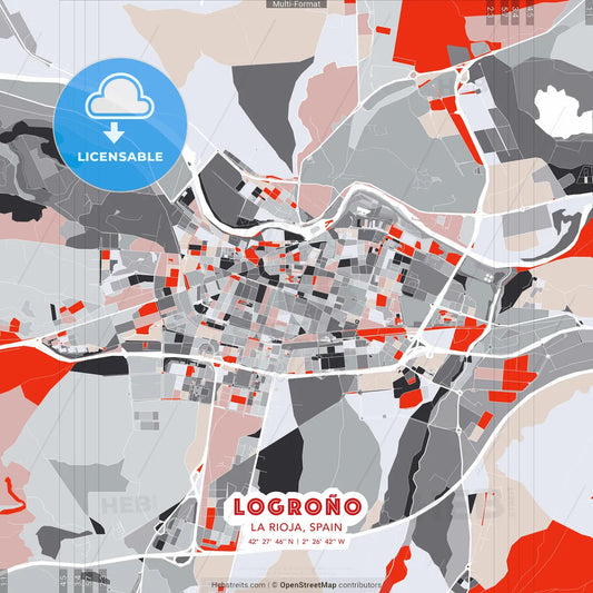 Logroño, La Rioja, Spain - modern street map poster template with gray and red tones