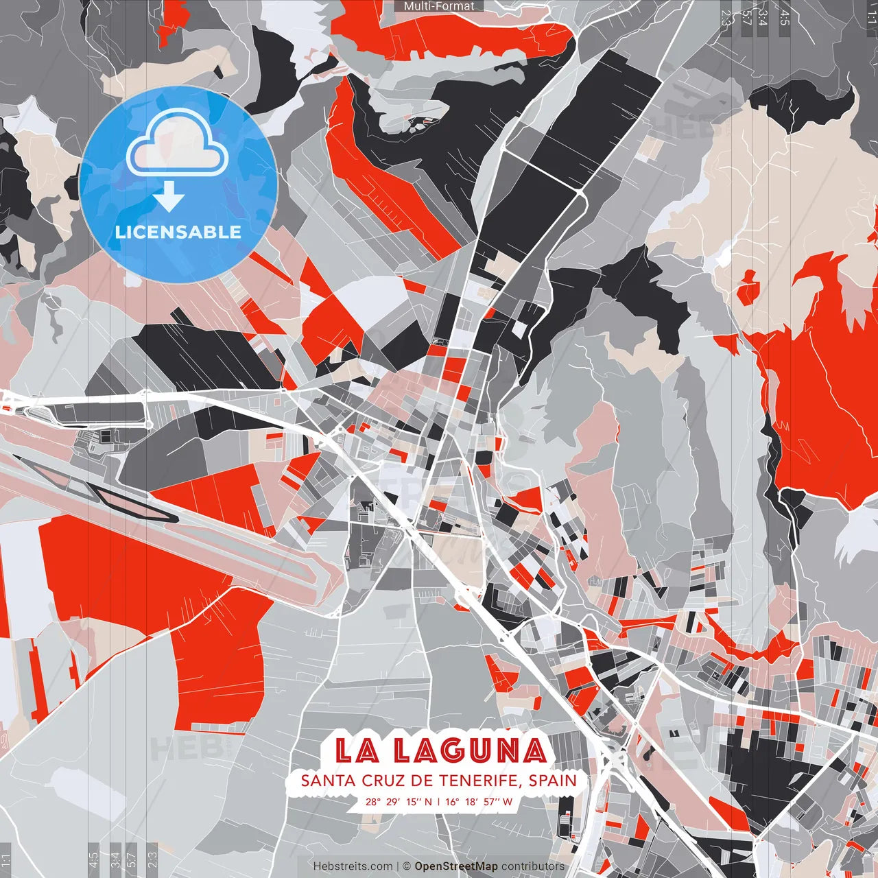 La Laguna, Santa Cruz de Tenerife, Spain - modern street map poster template with gray and red tones