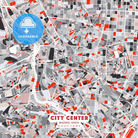 City Center, Madrid, Spain - modern street map poster template with gray and red tones