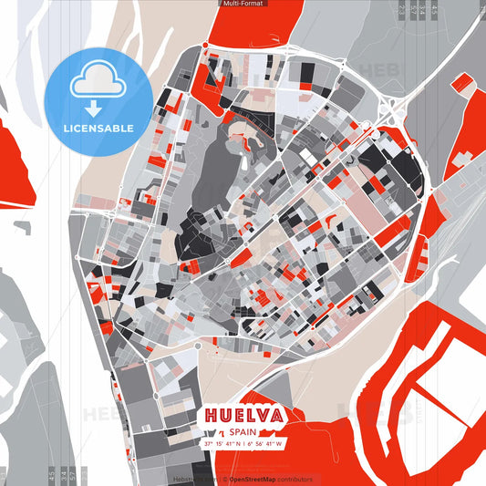 Huelva, Spain - modern street map poster template with gray and red tones