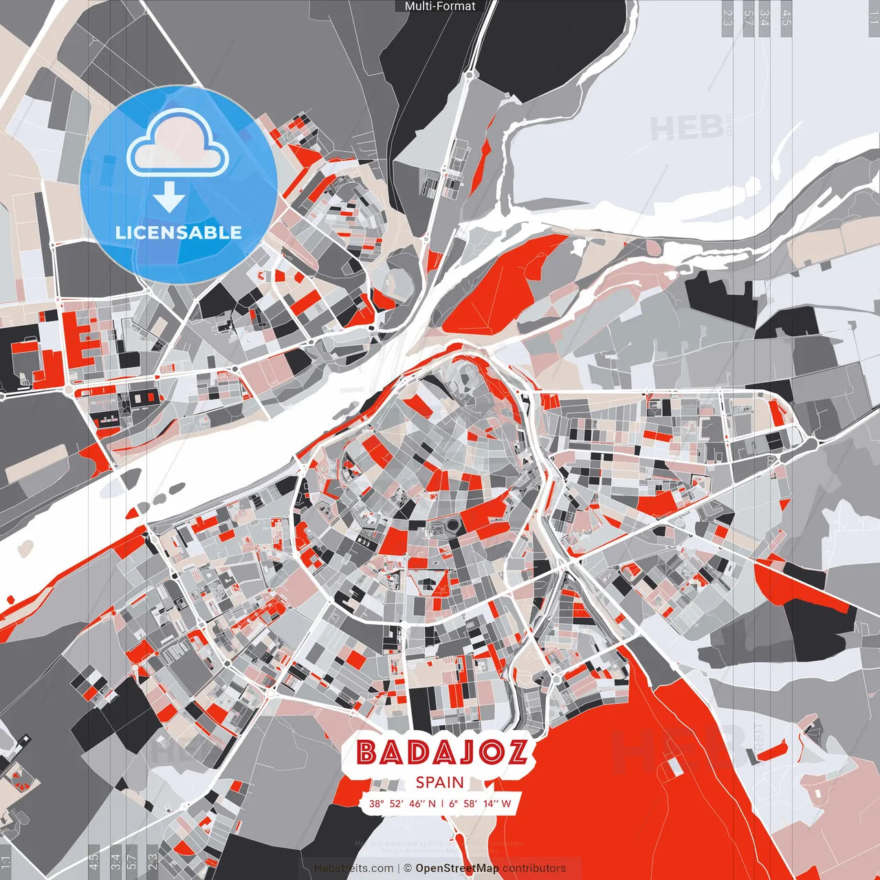 Badajoz, Spain - modern street map poster template with gray and red tones