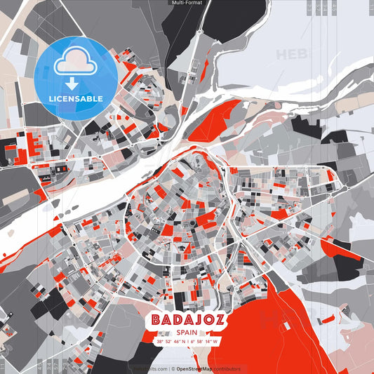 Badajoz, Spain - modern street map poster template with gray and red tones