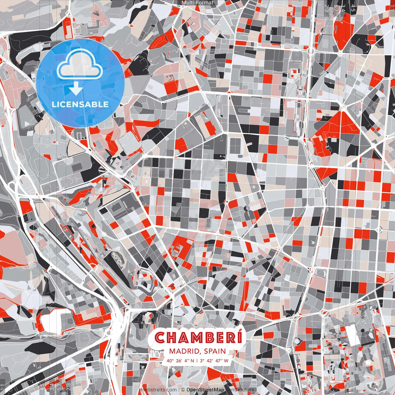 Chamberí, Madrid, Spain - modern street map poster template with gray and red tones