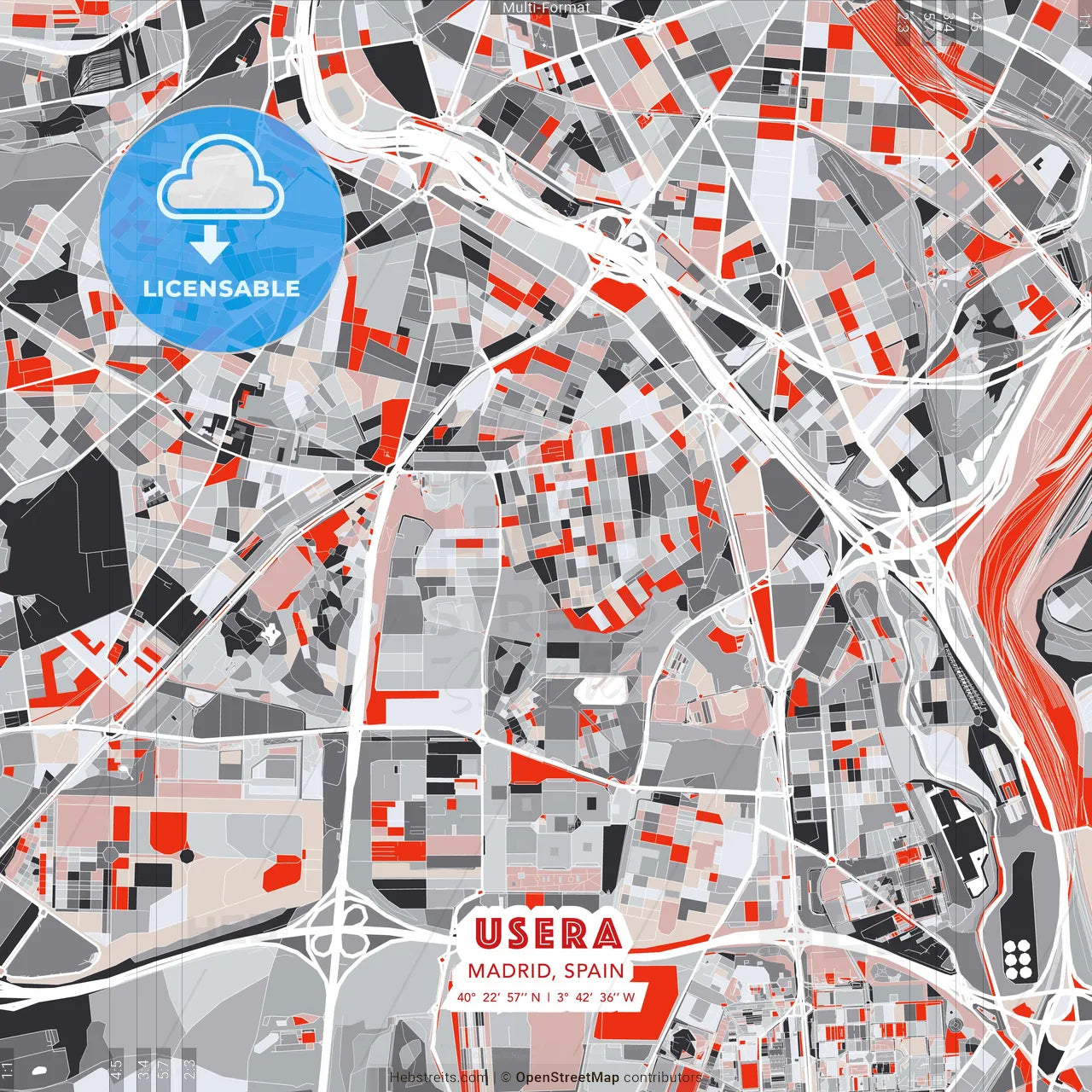 Usera, Madrid, Spain - modern street map poster template with gray and red tones