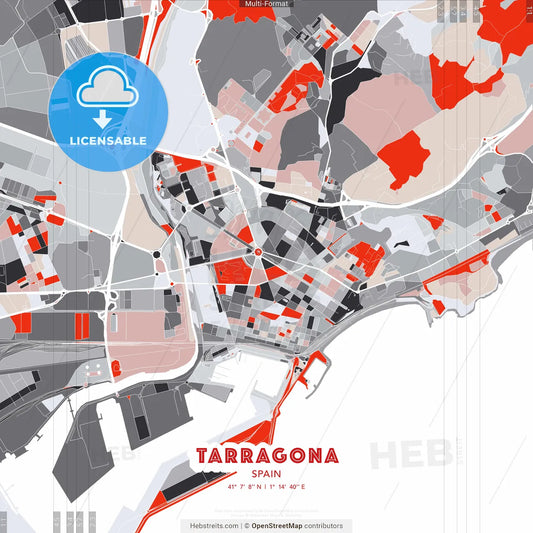 Tarragona, Spain - modern street map poster template with gray and red tones