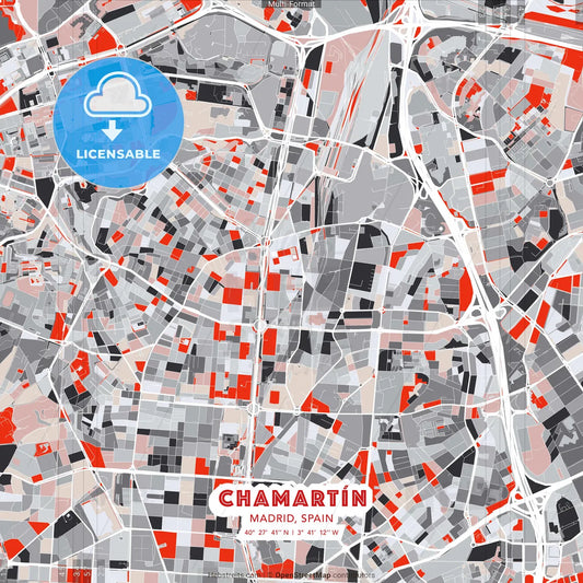 Chamartín, Madrid, Spain - modern street map poster template with gray and red tones