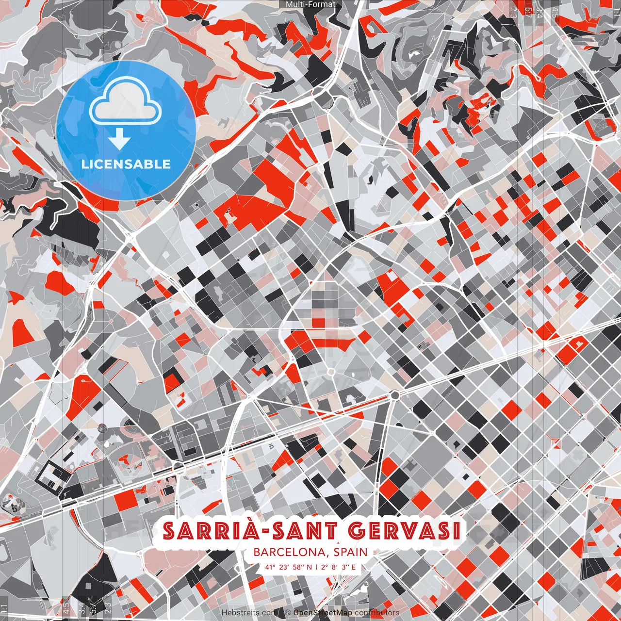 Sarrià-Sant Gervasi, Barcelona, Spain - modern street map poster template with gray and red tones