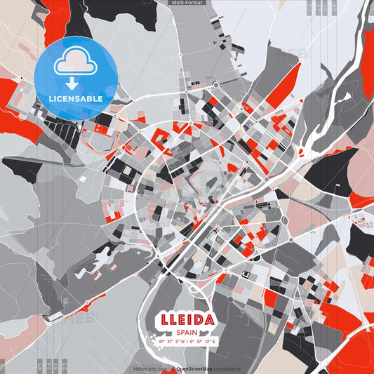 Lleida, Spain - modern street map poster template with gray and red tones