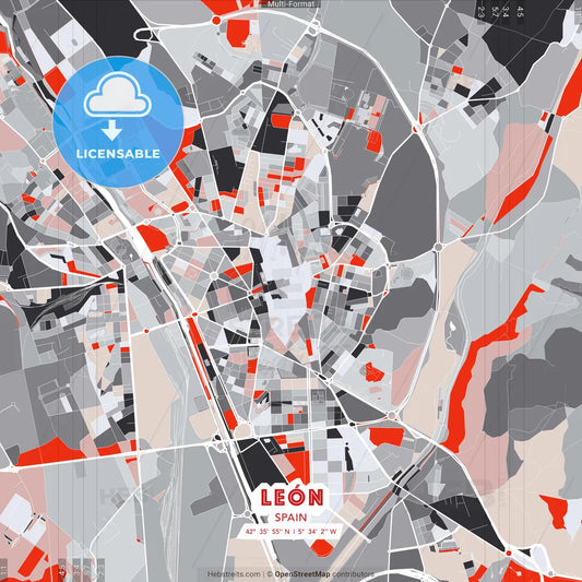 León, Spain - modern street map poster template with gray and red tones