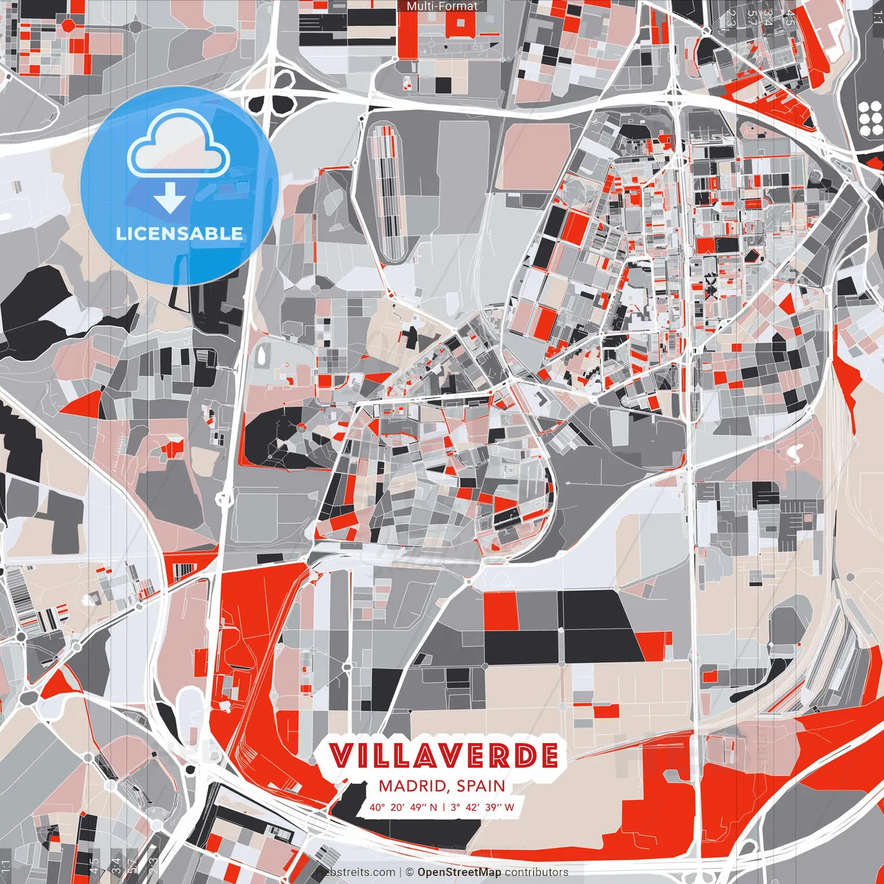 Villaverde, Madrid, Spain - modern street map poster template with gray and red tones