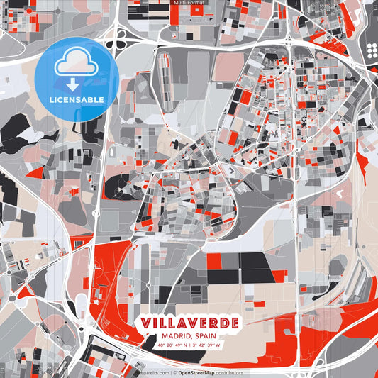 Villaverde, Madrid, Spain - modern street map poster template with gray and red tones