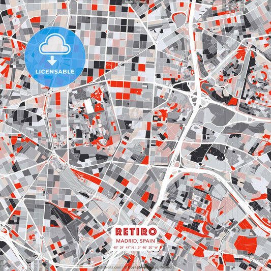 Retiro, Madrid, Spain - modern street map poster template with gray and red tones