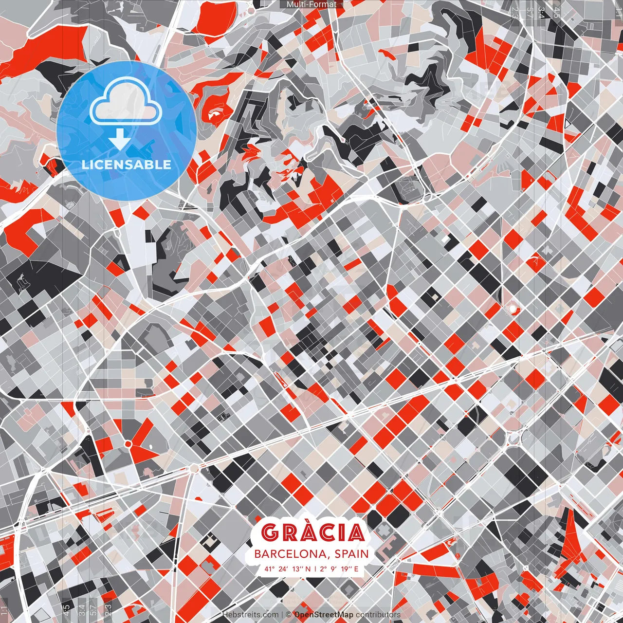Gràcia, Barcelona, Spain - modern street map poster template with gray and red tones