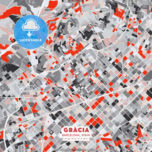 Gràcia, Barcelona, Spain - modern street map poster template with gray and red tones