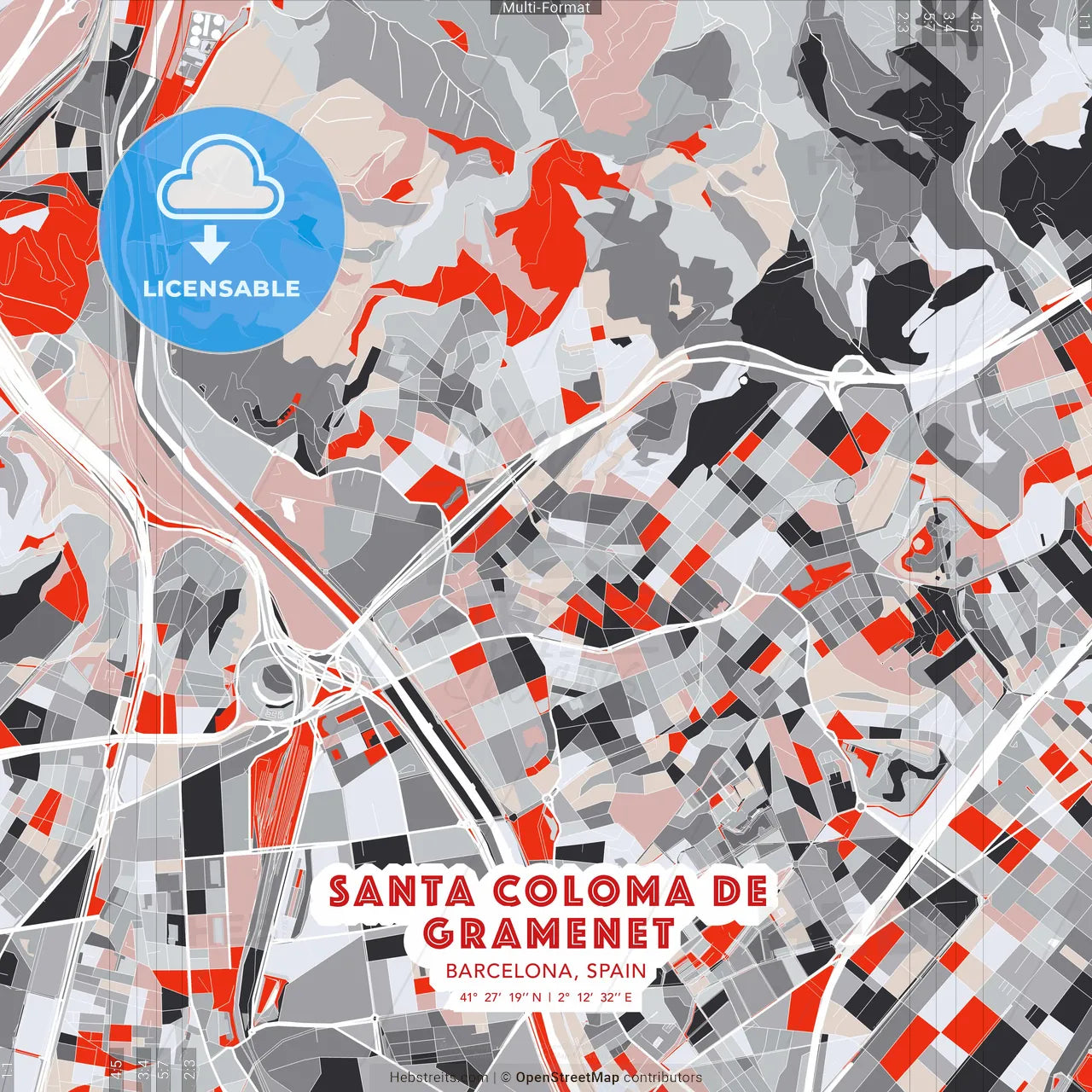 Santa Coloma de Gramenet, Barcelona, Spain - modern street map poster template with gray and red tones