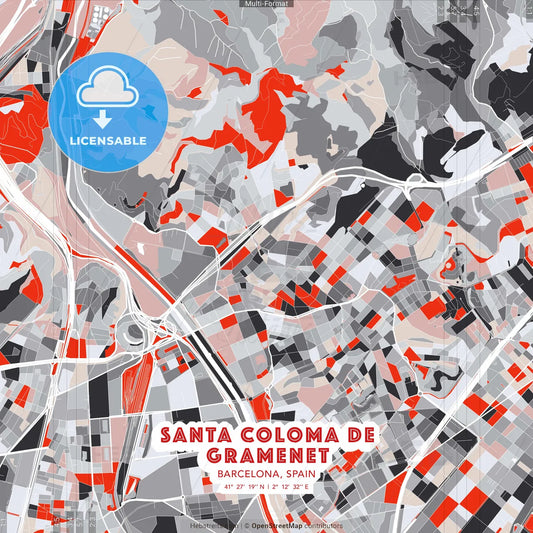 Santa Coloma de Gramenet, Barcelona, Spain - modern street map poster template with gray and red tones