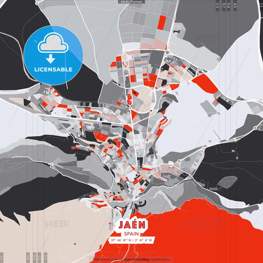 Jaén, Spain - modern street map poster template with gray and red tones