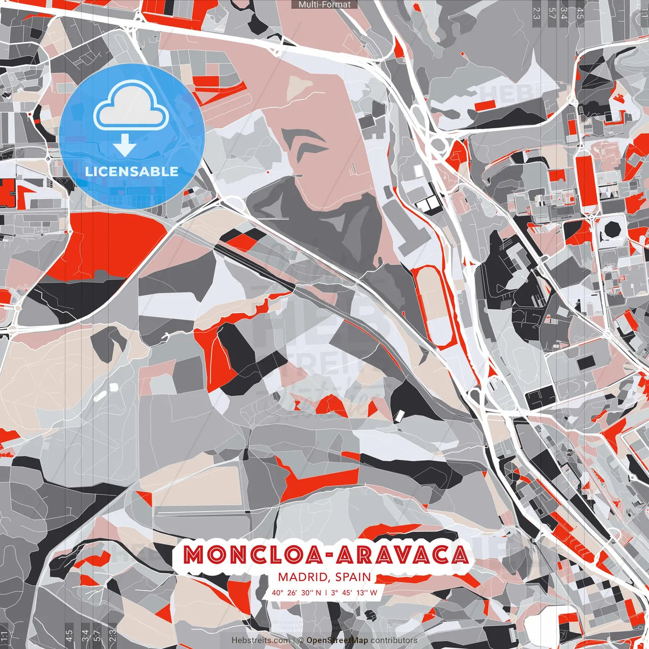 Moncloa-Aravaca, Madrid, Spain - modern street map poster template with gray and red tones