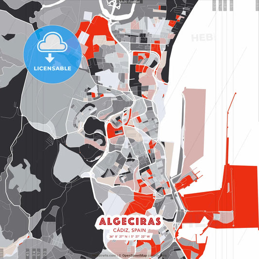 Algeciras, Cádiz, Spain - modern street map poster template with gray and red tones