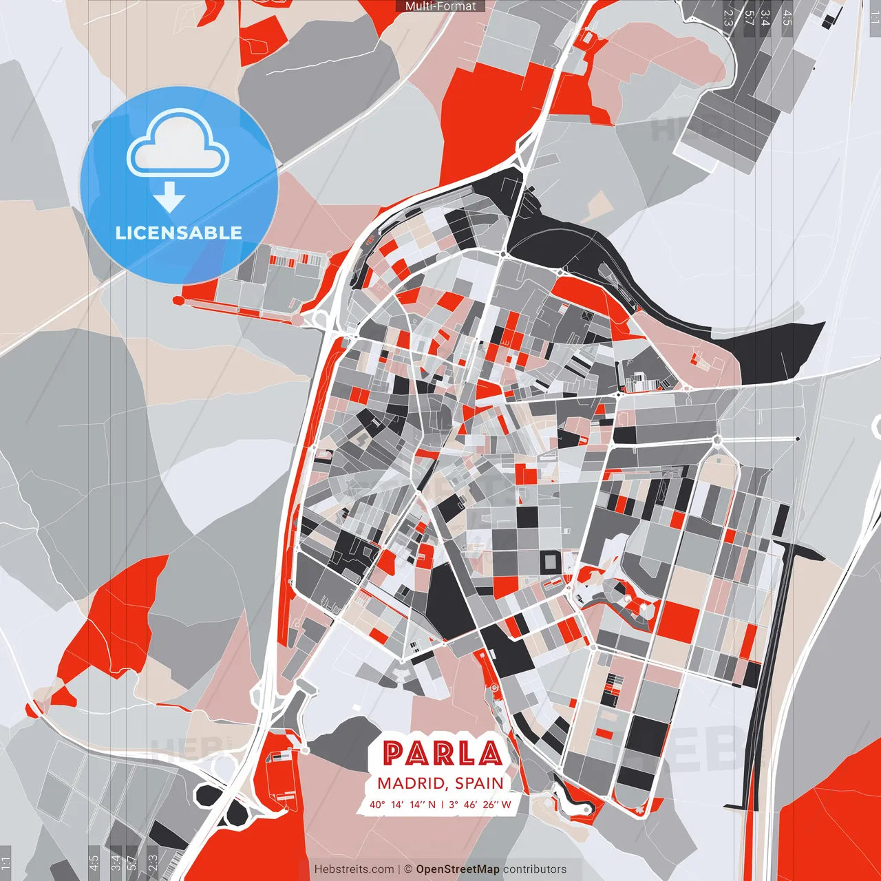 Parla, Madrid, Spain - modern street map poster template with gray and red tones