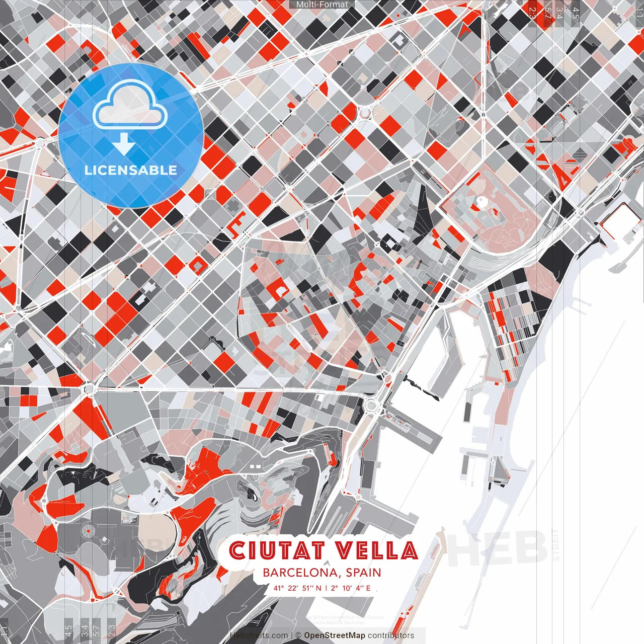 Ciutat Vella, Barcelona, Spain - modern street map poster template with gray and red tones