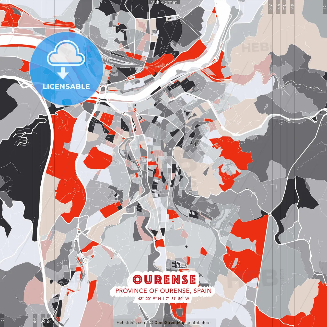 Ourense, Province of Ourense, Spain - modern street map poster template with gray and red tones