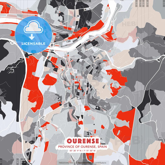 Ourense, Province of Ourense, Spain - modern street map poster template with gray and red tones