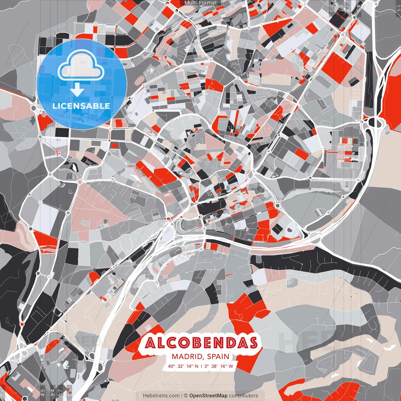 Alcobendas, Madrid, Spain - modern street map poster template with gray and red tones