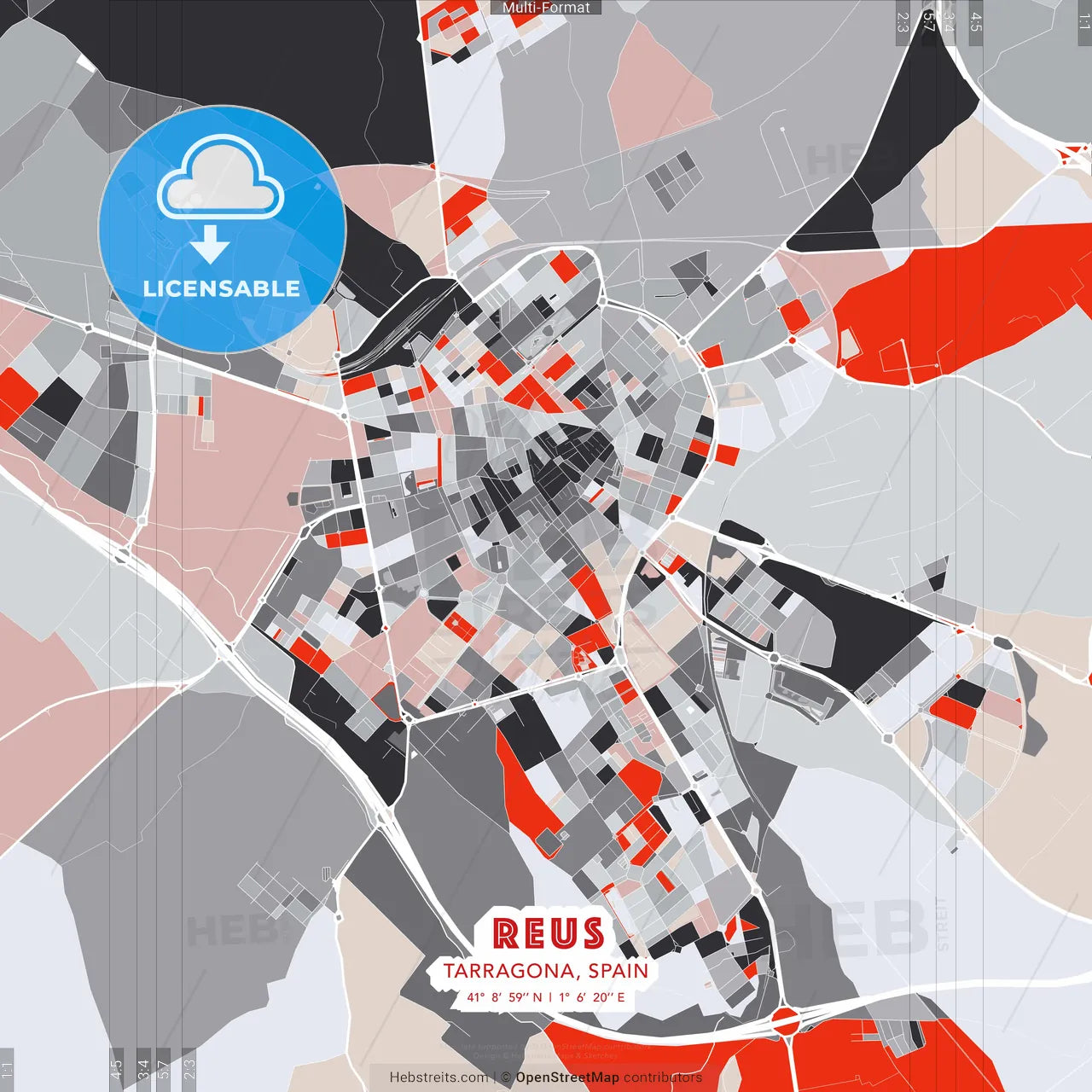 Reus, Tarragona, Spain - modern street map poster template with gray and red tones