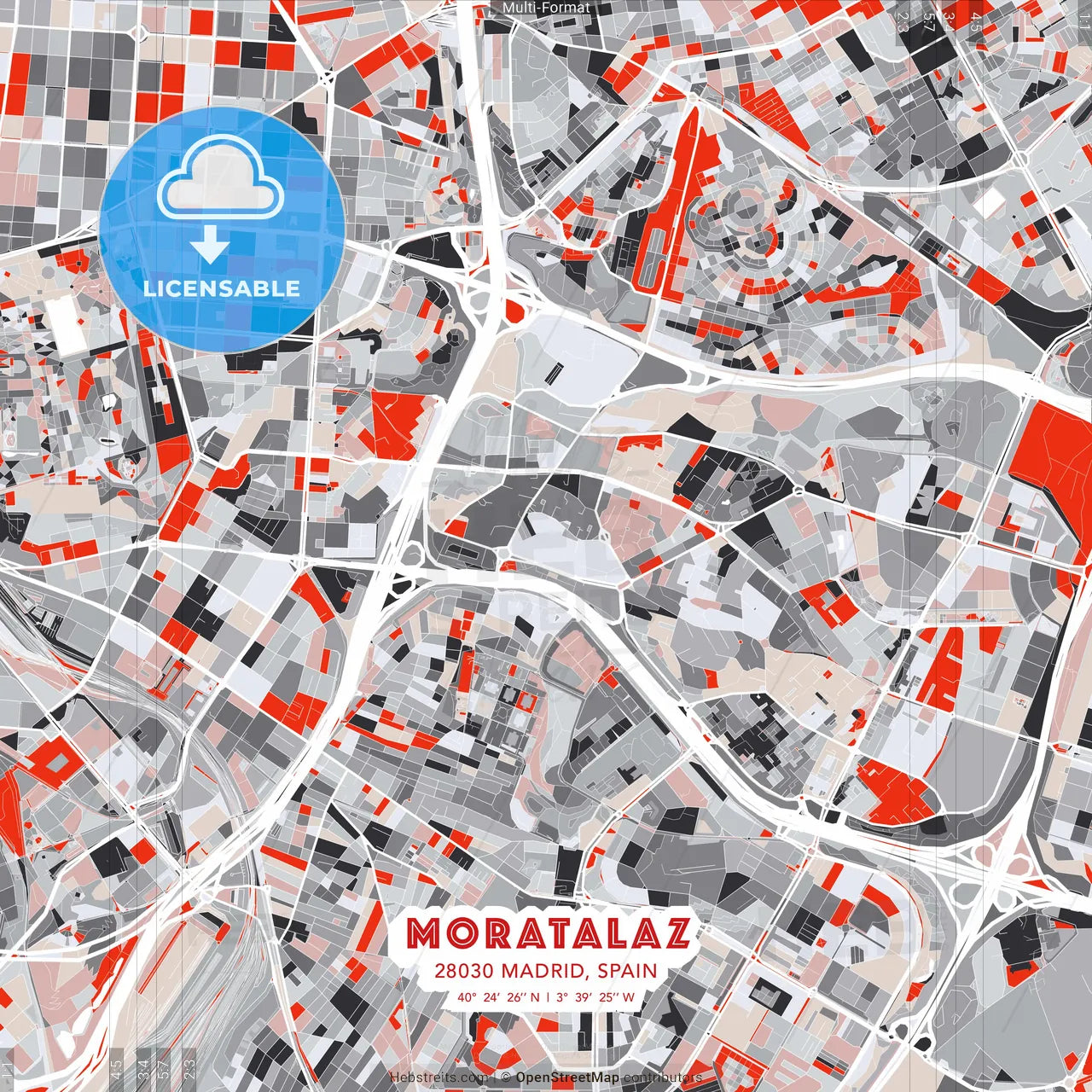 Moratalaz, 28030 Madrid, Spain - modern street map poster template with gray and red tones
