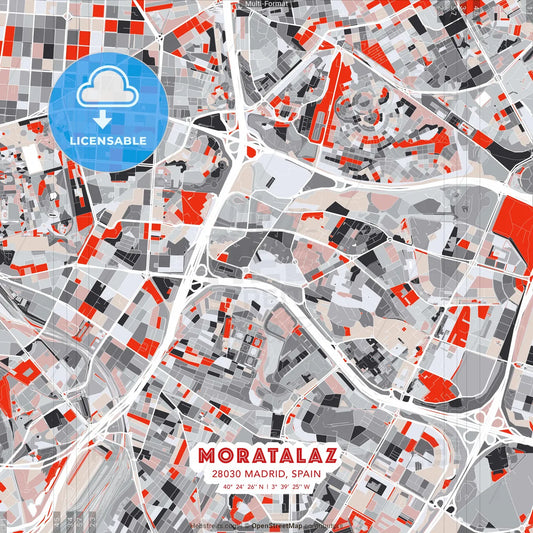 Moratalaz, 28030 Madrid, Spain - modern street map poster template with gray and red tones