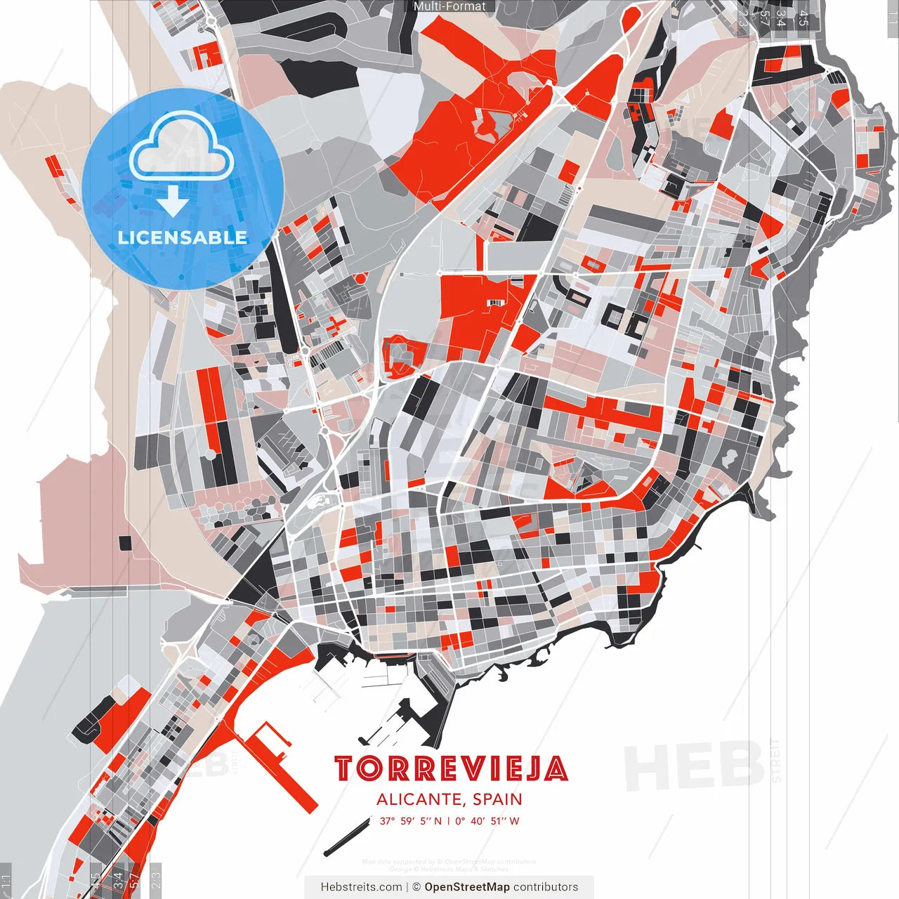 Torrevieja, Alicante, Spain - modern street map poster template with gray and red tones