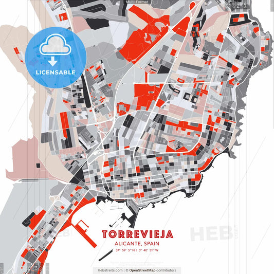 Torrevieja, Alicante, Spain - modern street map poster template with gray and red tones