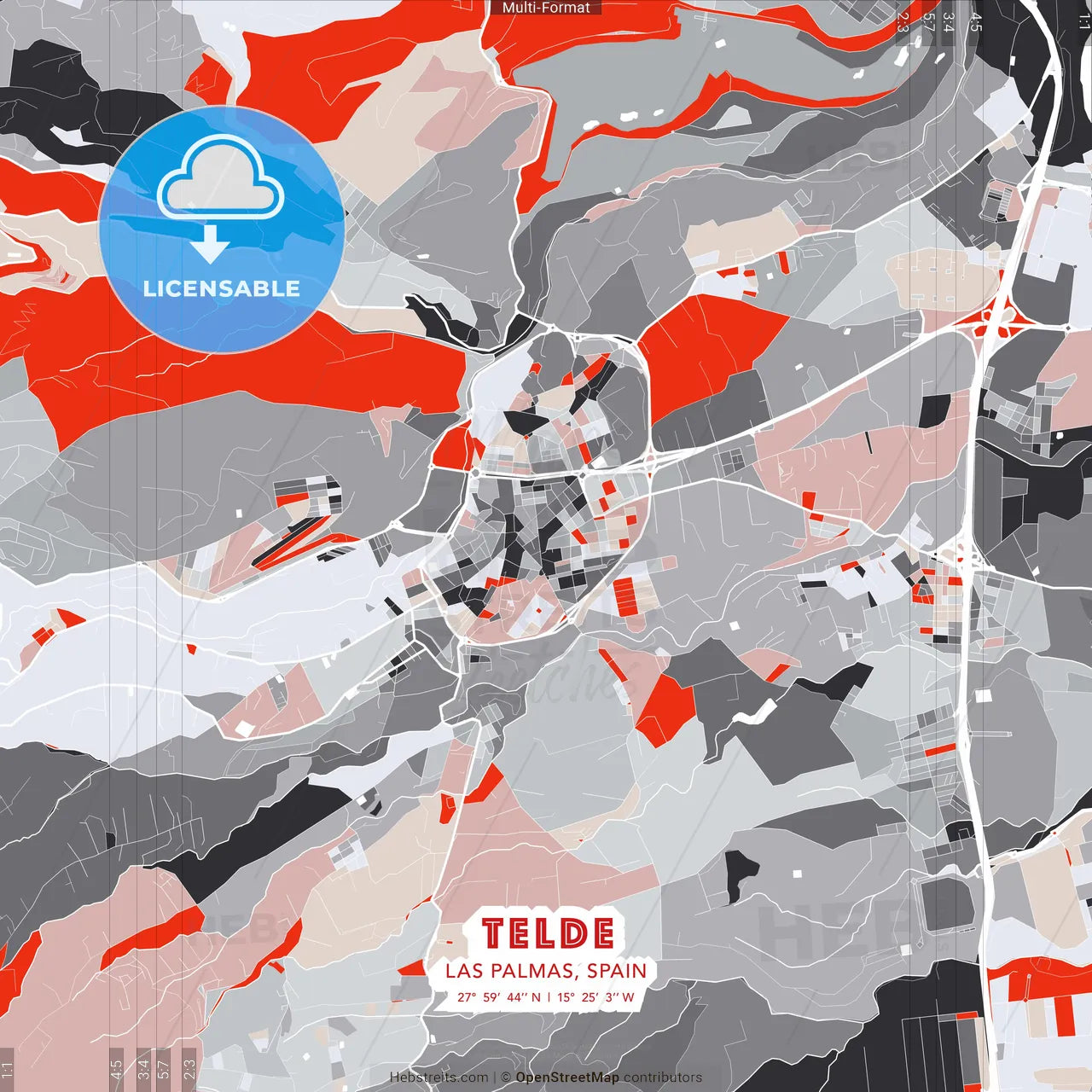 Telde, Las Palmas, Spain - modern street map poster template with gray and red tones