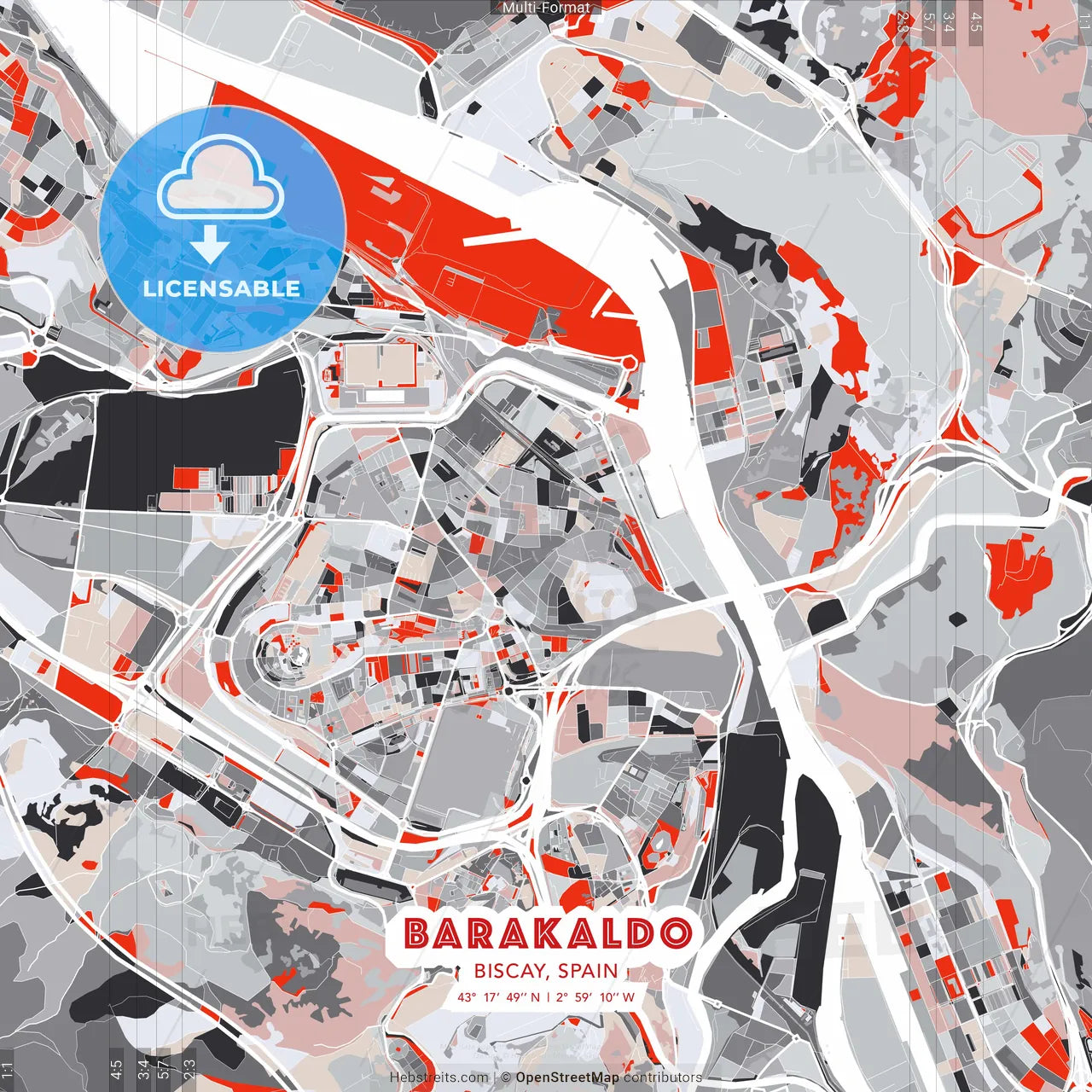 Barakaldo, Biscay, Spain - modern street map poster template with gray and red tones