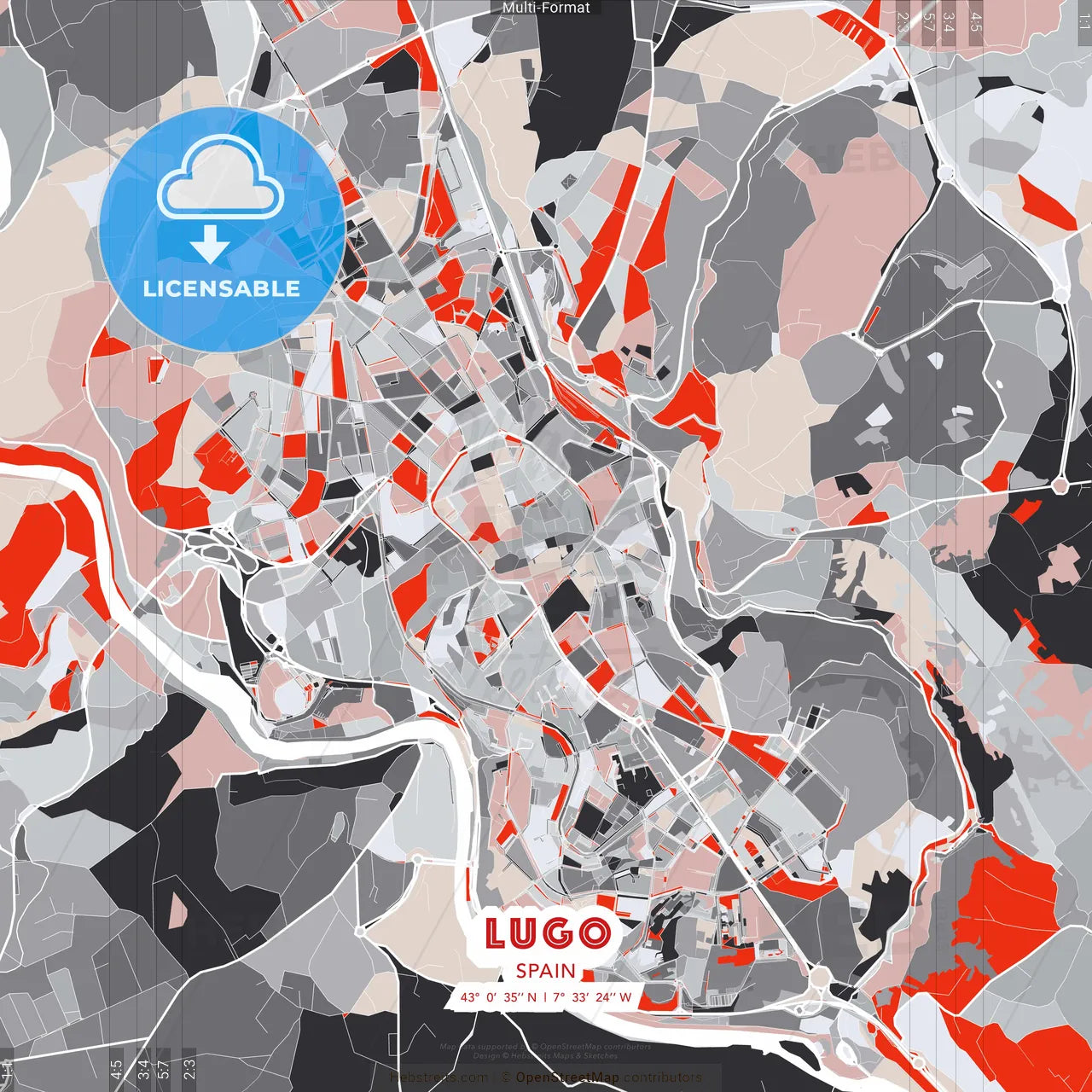 Lugo, Spain - modern street map poster template with gray and red tones