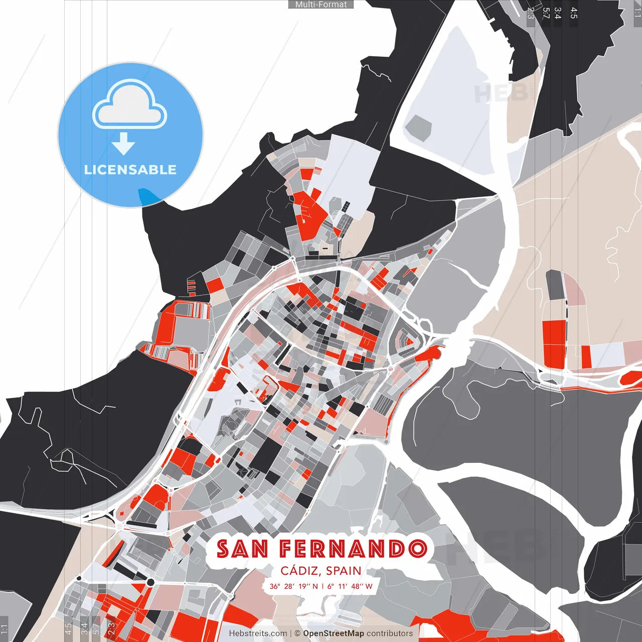 San Fernando, Cádiz, Spain - modern street map poster template with gray and red tones