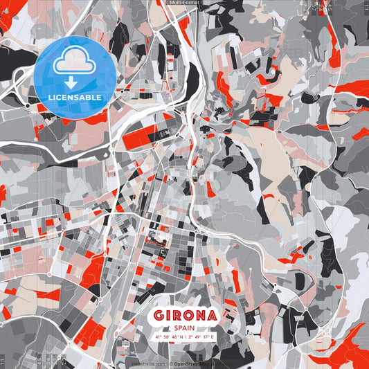 Girona, Spain - modern street map poster template with gray and red tones
