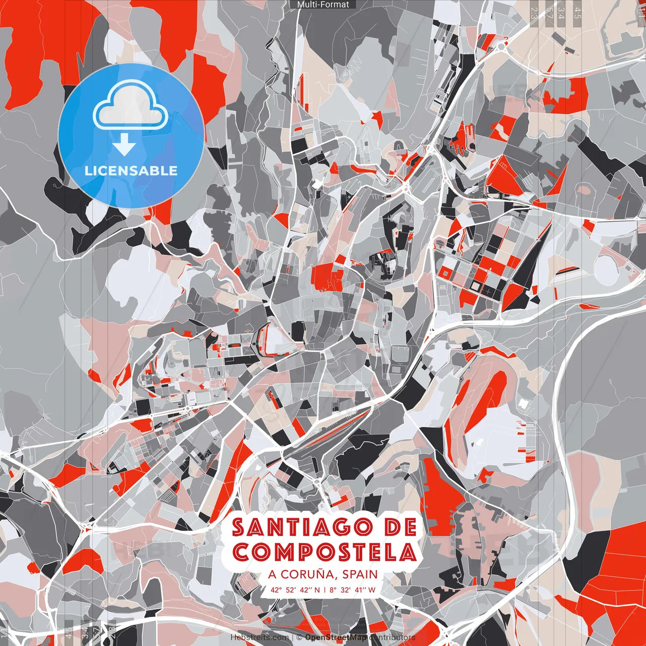 Santiago de Compostela, A Coruña, Spain - modern street map poster template with gray and red tones