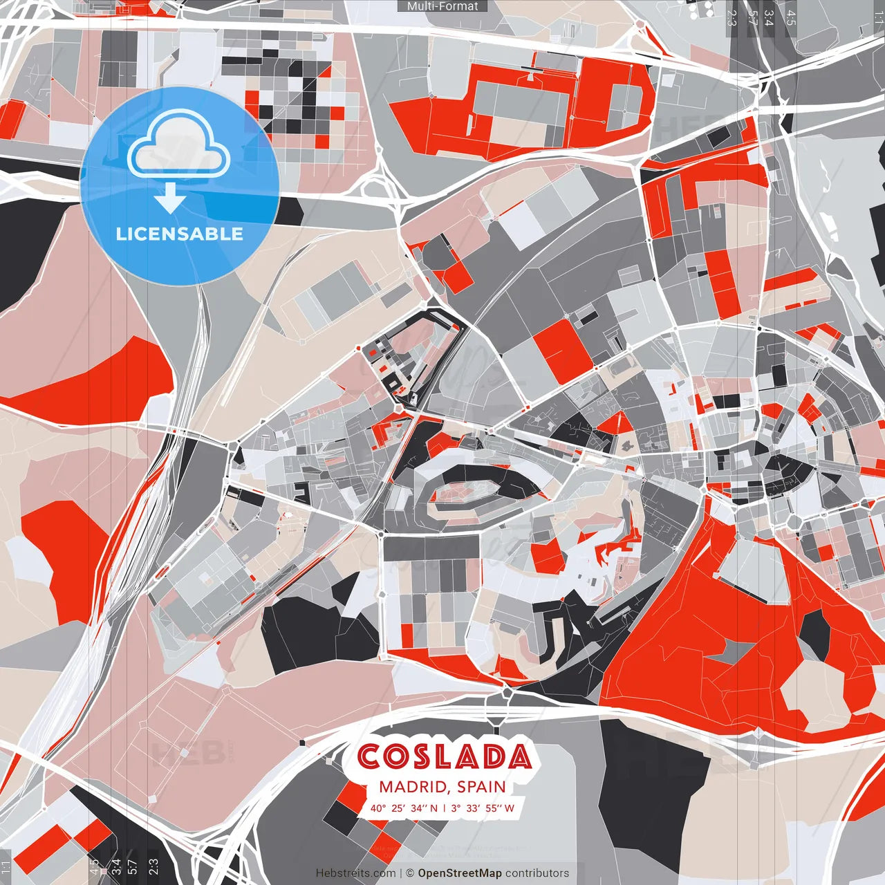 Coslada, Madrid, Spain - modern street map poster template with gray and red tones